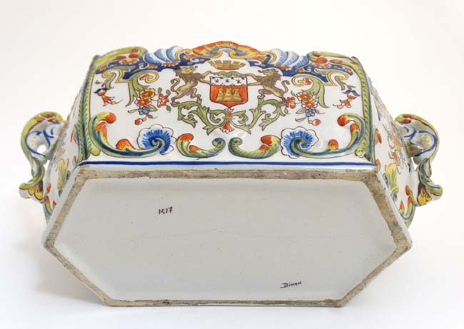 A 19thC Dinan, France, Faience pottery twin handlled jardiniere in a Quimper style, - Image 2 of 5