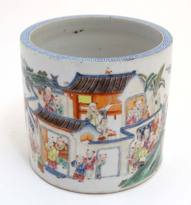 A Chinese famille rose cylindrical brush pot, - Image 3 of 4