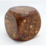 A burr walnut cube formed box modelled as a dice. Approx 4" sq.