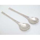 2 silver Christmas spoons with Dickensian style Christmas scenes to bowl and holly decoration to