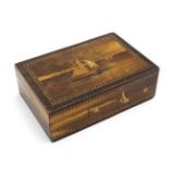 An Arts and crafts marquetry inlaid puzzle box with sailing boat decoration 5 3/4" x 3 3/4" x 2"