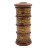 Kitchenalia: A treen spice tower comprising 4 sections labelled ' Nutmeg' 'Mace' ' Ginger' and