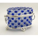 A hobnail cut glass table casket, blue and clear glass with silver plate mounts and ring handles.