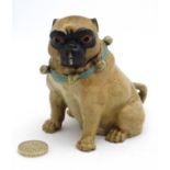 A late 20thC decorative cold painted bronze novelty inkwell formed as a seated pug dog 3 3/4"