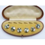 A cased set of 6 buttons / studs with iridescent mother of pearl like and green enamel decoration