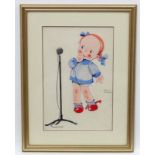 Phyllis Cooper (1895-?), Gouache, Puzzlement , a young girl by a microphone, Signed mid right,