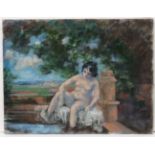 Early XX French School, Oil on canvas, A naked lady bathing in a wooded landscape,