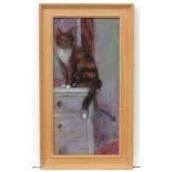 Manner of Tom Keating XX, Mixed media on board, A cat sitting atop a chest of drawers,