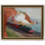 G R Mortimer 1968, Oil on board, 'Steam train (number 4059) 4-6-2 with carriages by the seaside',