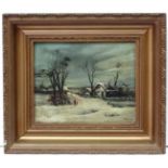 D Walker early XX, Oil on canvas, Winter rustic scene, Signed lower right,