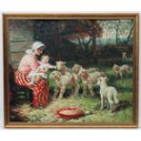 Paul Musin XX-XXI, Oil on canvas laid on board, A mother and baby with the pet lambs,