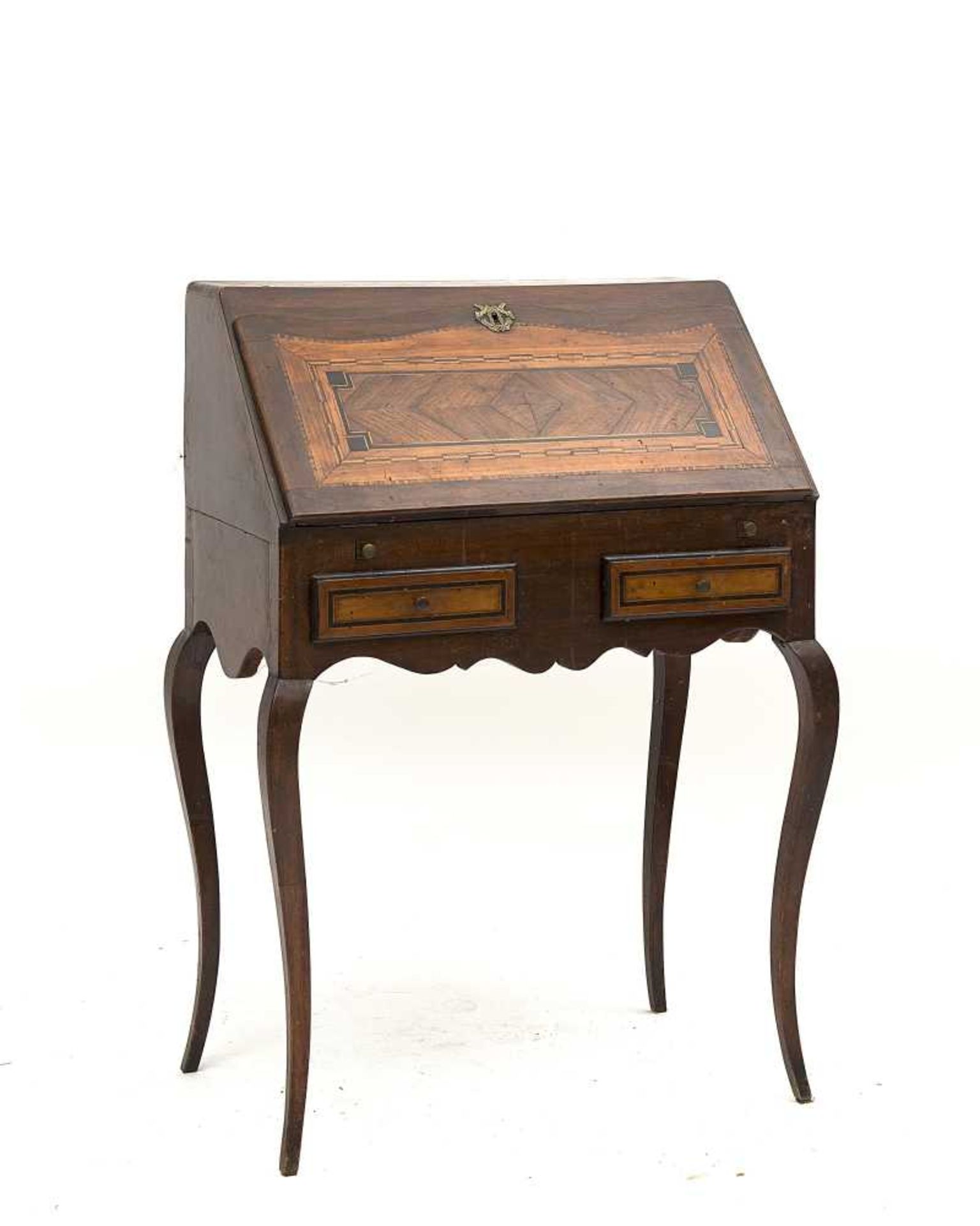 petit bureau de pente de dame Louis XV à 4 pieds cambrés, 2 tiroirs et un vantail à filets de
