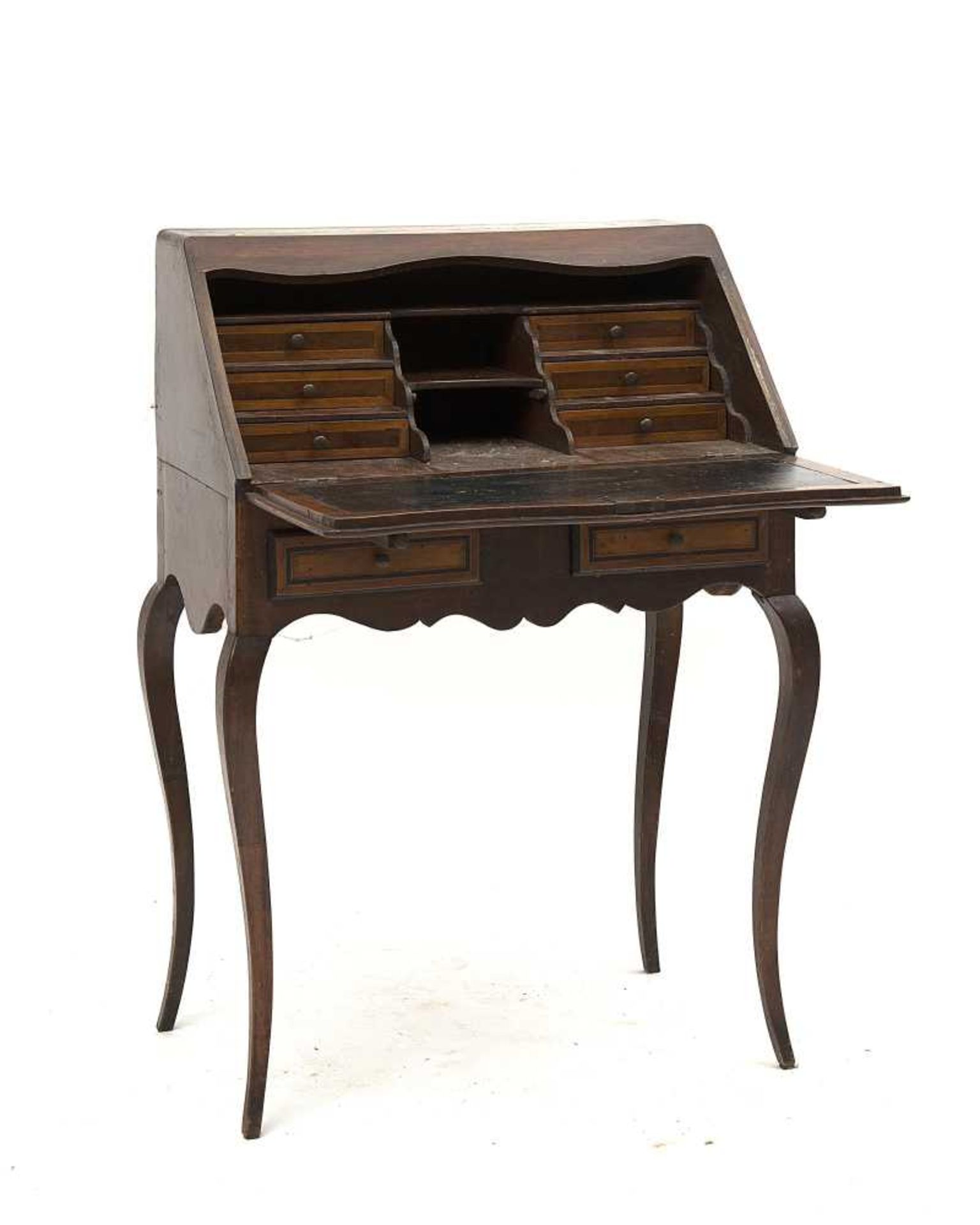 petit bureau de pente de dame Louis XV à 4 pieds cambrés, 2 tiroirs et un vantail à filets de - Image 2 of 2