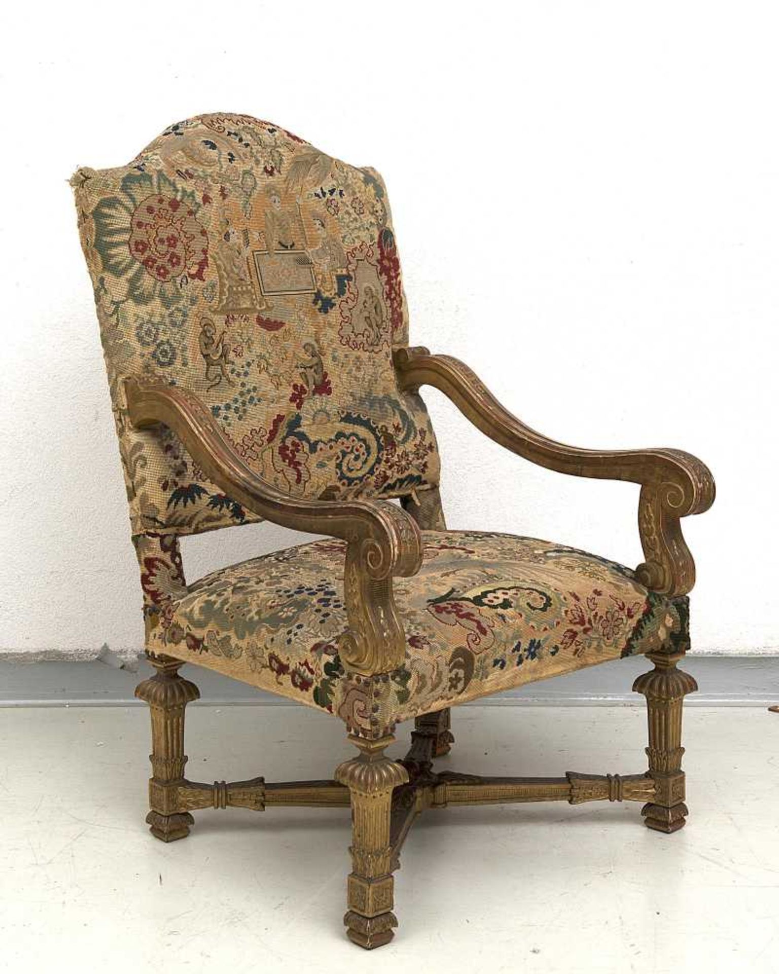 suite de 6 fauteuils d'apparat à haut dossier en bois sculpté et doré, style Louis XIV, garni d' - Image 5 of 7