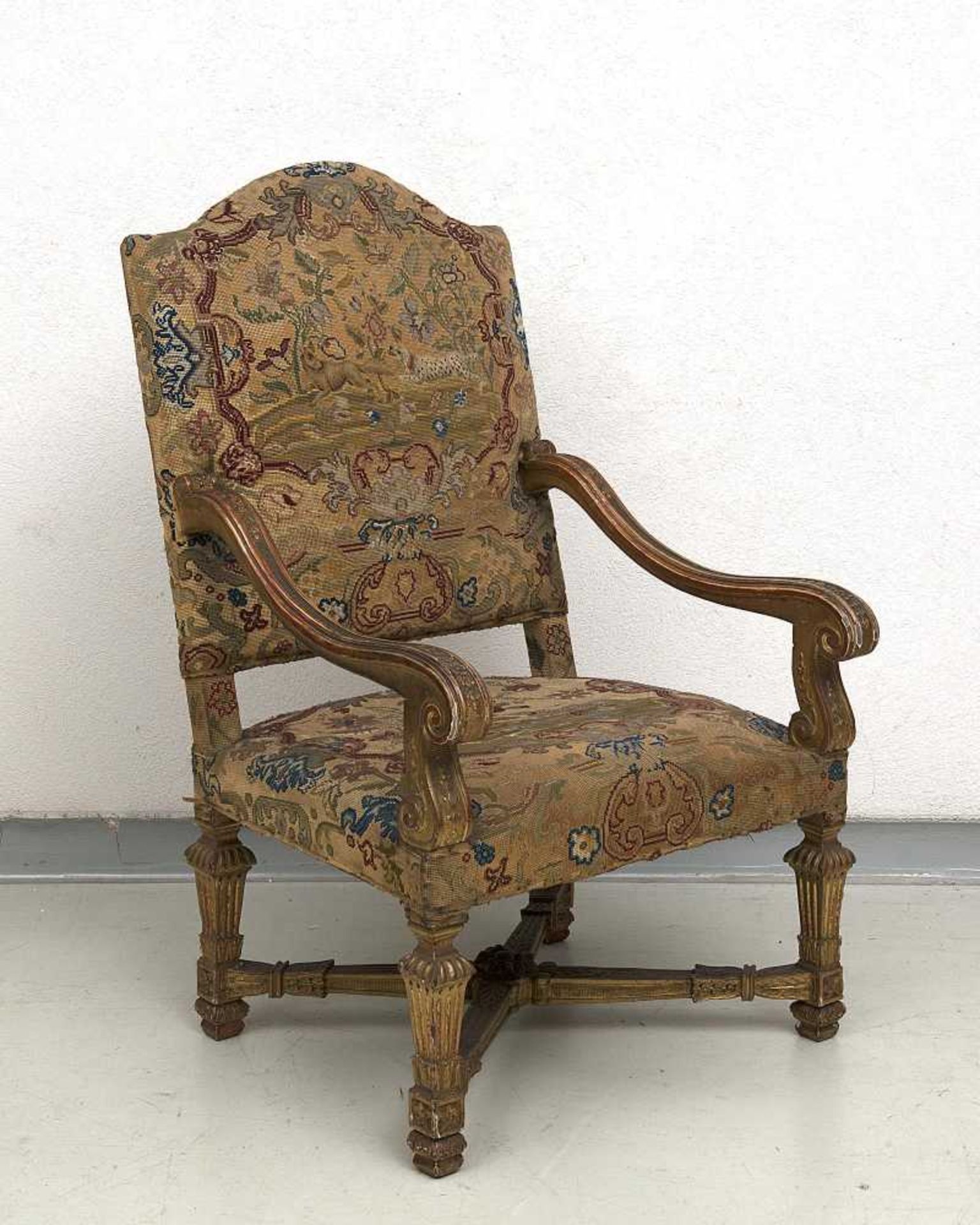 suite de 6 fauteuils d'apparat à haut dossier en bois sculpté et doré, style Louis XIV, garni d' - Image 6 of 7
