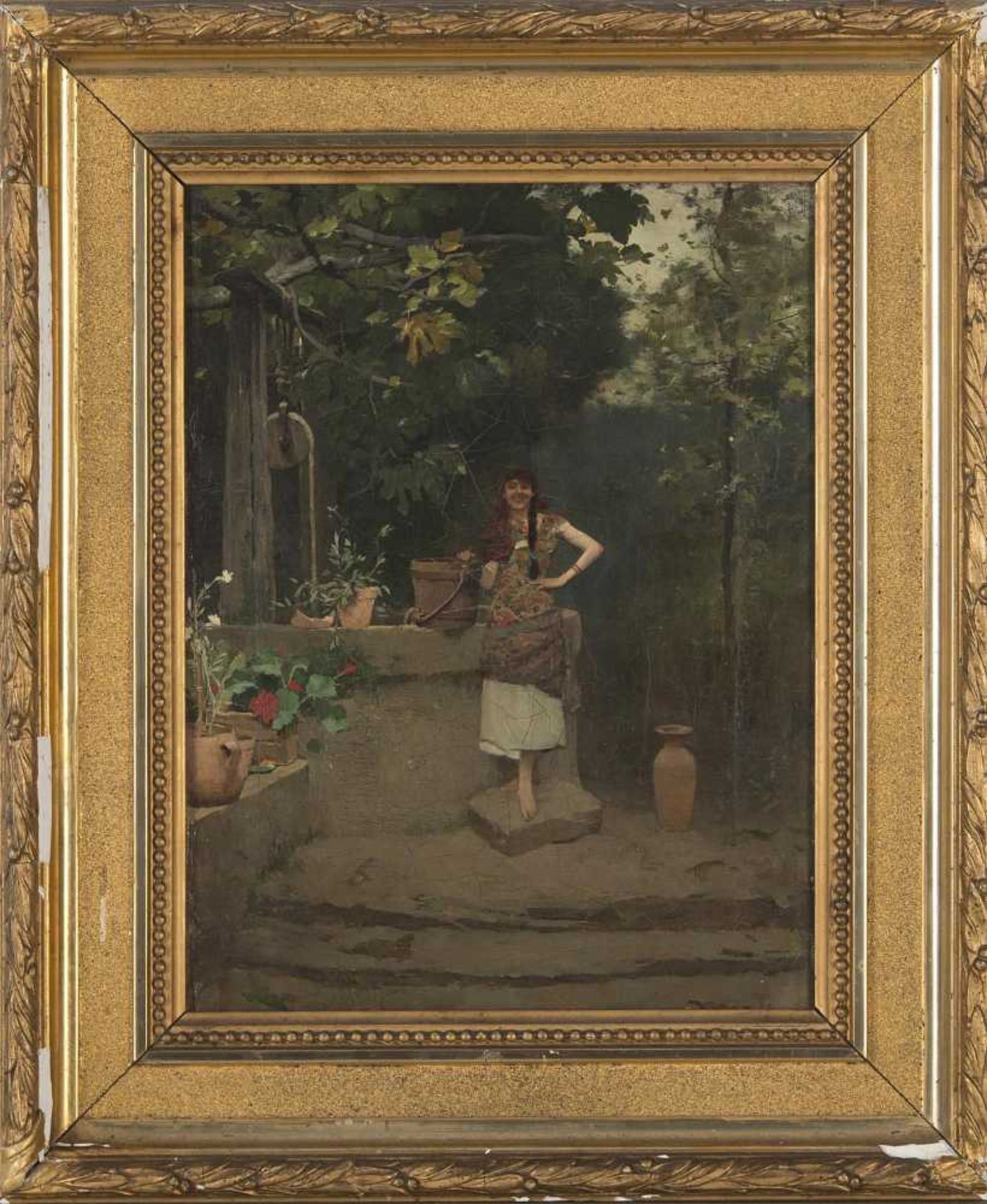 huile sur toile de Édouard John MENTA (1858-1915, CH) 'Jeune femme au puits' sbd 32.5x24.4 cm - Image 2 of 2