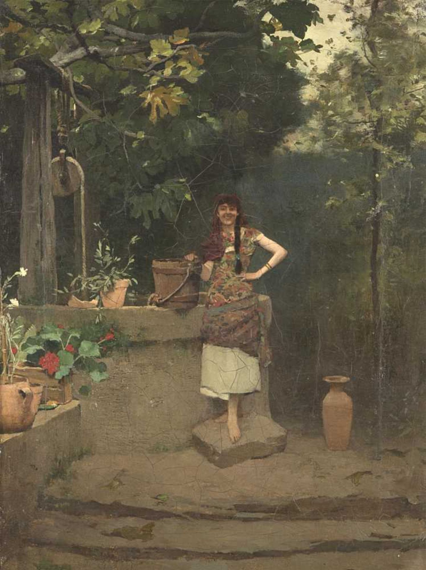 huile sur toile de Édouard John MENTA (1858-1915, CH) 'Jeune femme au puits' sbd 32.5x24.4 cm