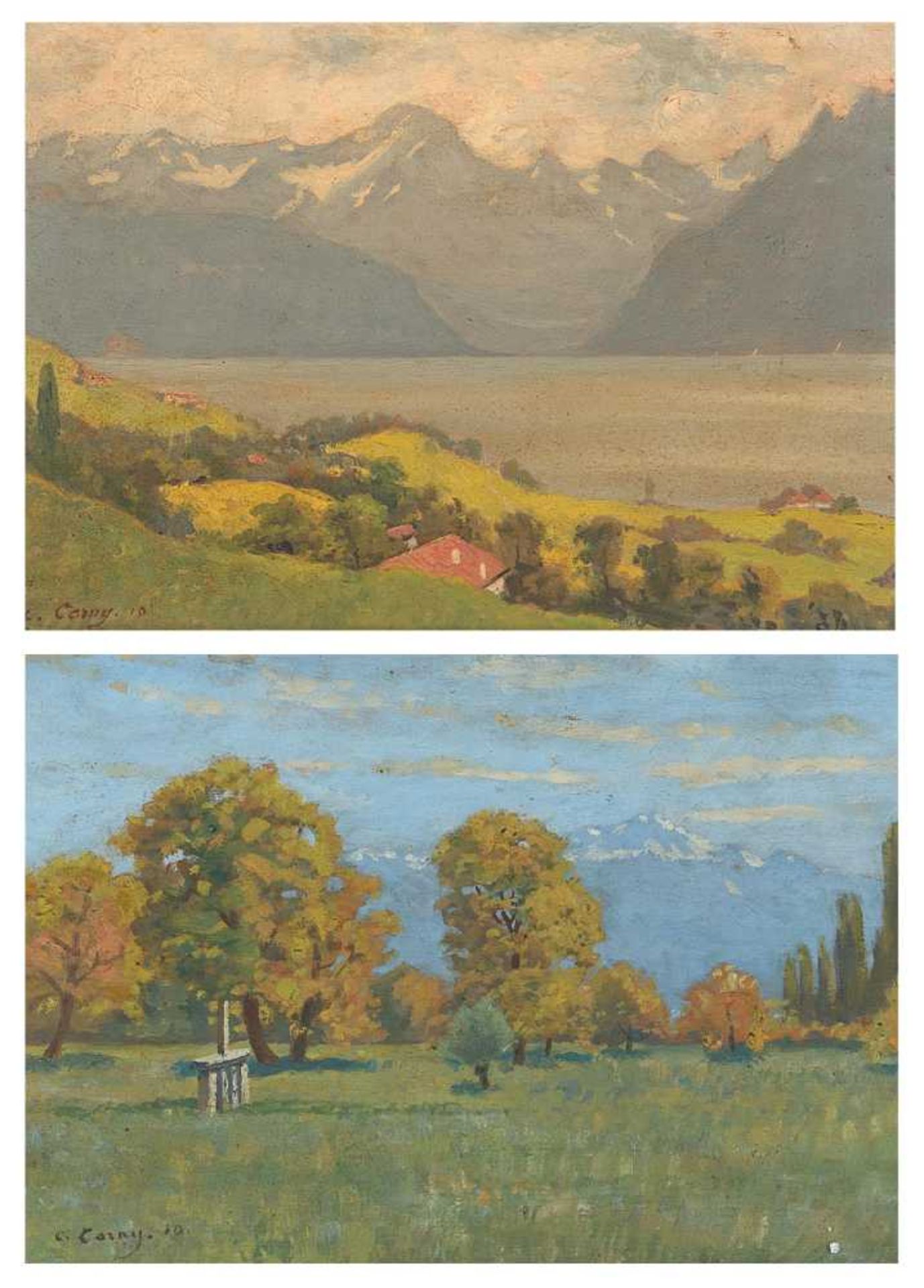 deux huiles sur panneau C. CARNY XIXe 'Le Lavaux' et 'Vue sur les Alpes depuis le jardin' huile