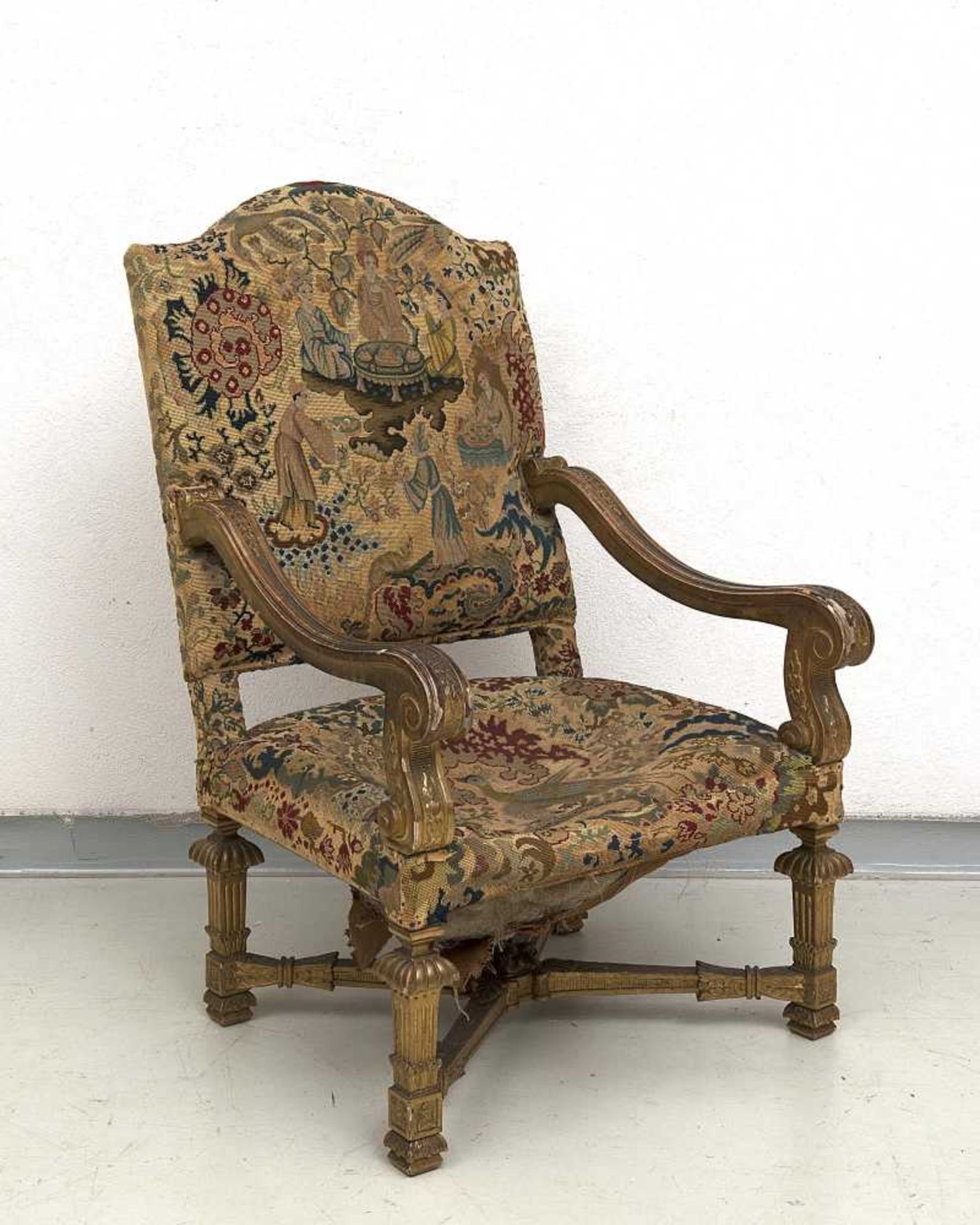 suite de 6 fauteuils d'apparat à haut dossier en bois sculpté et doré, style Louis XIV, garni d' - Image 2 of 7