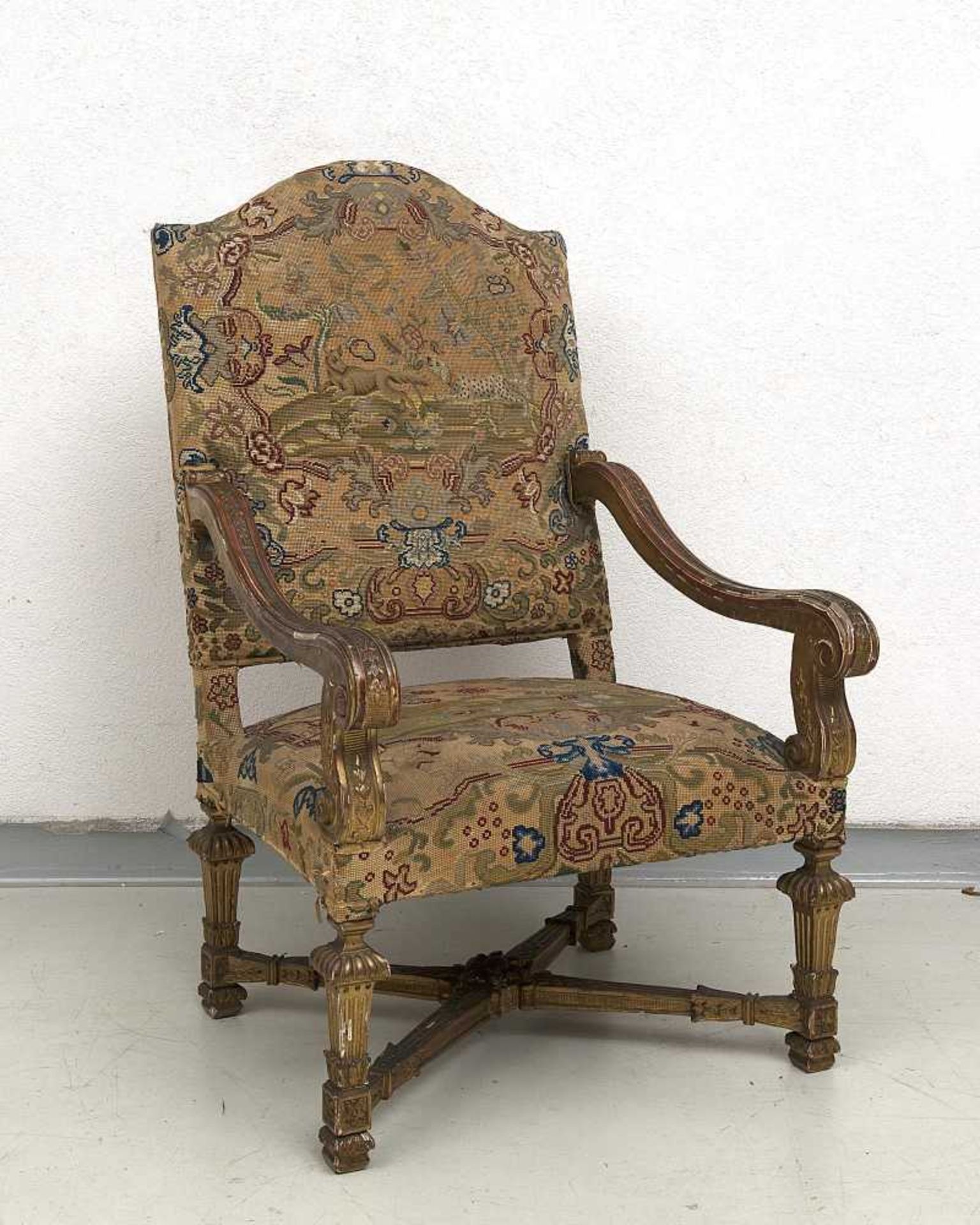 suite de 6 fauteuils d'apparat à haut dossier en bois sculpté et doré, style Louis XIV, garni d' - Image 3 of 7