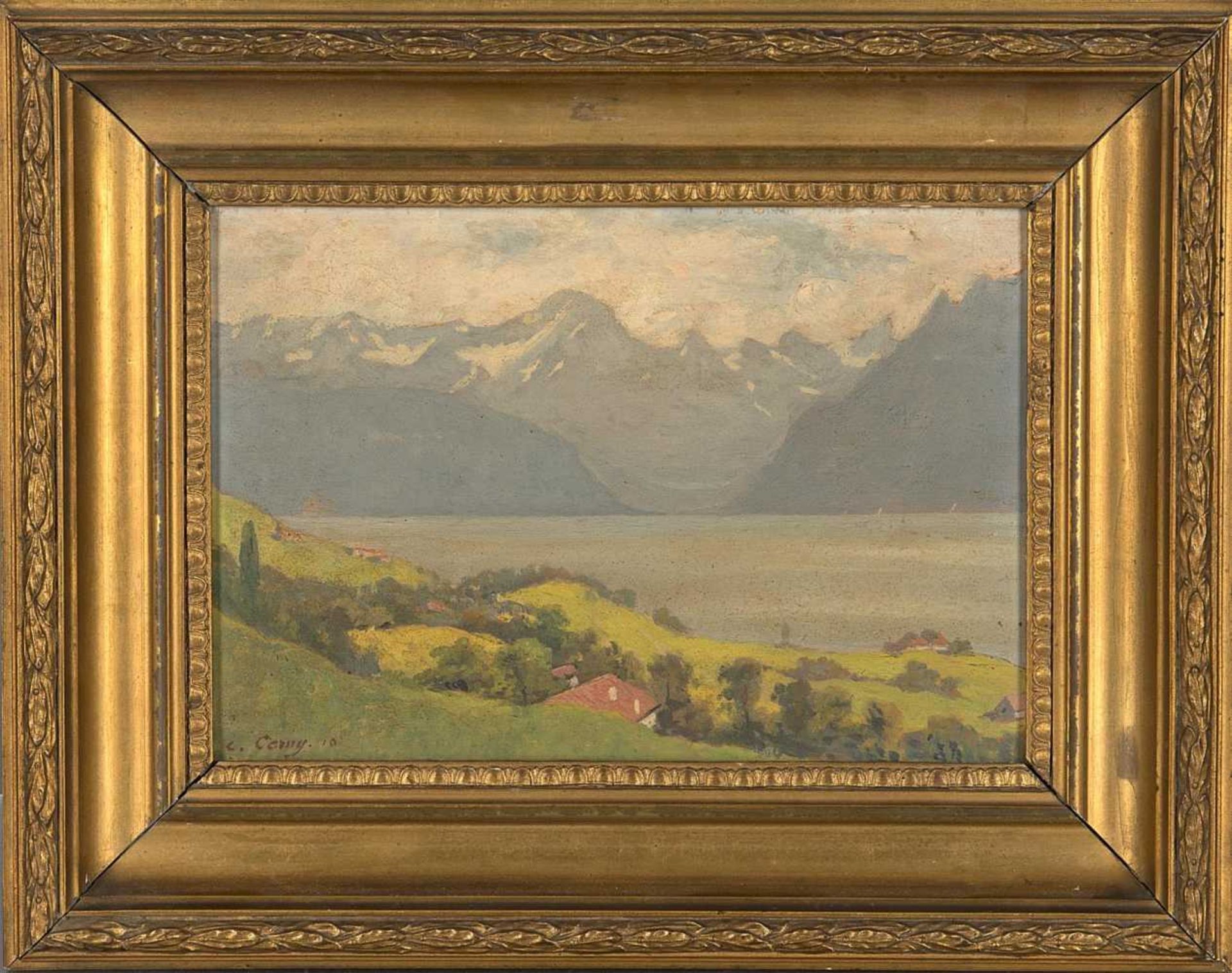 deux huiles sur panneau C. CARNY XIXe 'Le Lavaux' et 'Vue sur les Alpes depuis le jardin' huile - Image 2 of 4