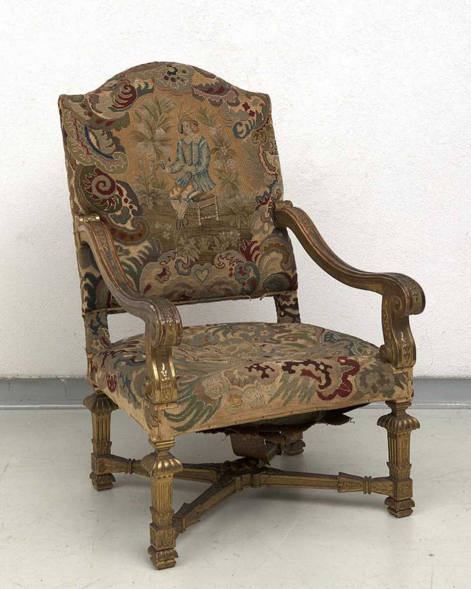 suite de 6 fauteuils d'apparat à haut dossier en bois sculpté et doré, style Louis XIV, garni d' - Image 7 of 7