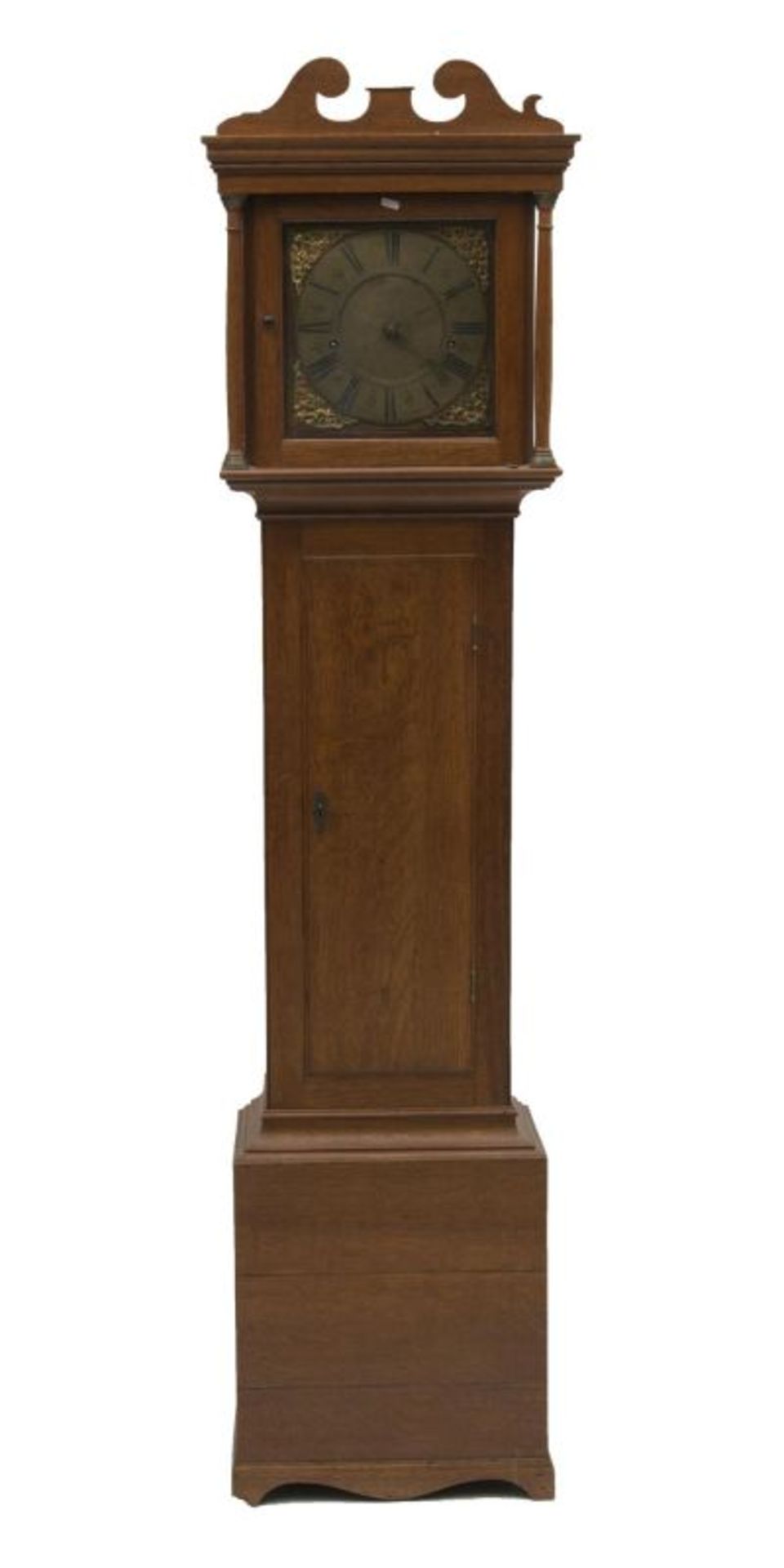 Pendule de parquet par Georges Brown , mouvement à une cloche, cadran en laiton à chiffres gravés