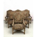 Suite de 6 fauteuils d'apparat à haut dossier en bois sculpté et doré, style Louis XIV, garni d'une