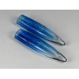 *Posy-Holders. Two blue glass, hand-etched flower holders, undamaged but no mounting brackets (2)