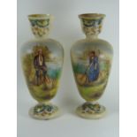 *A Pair of Cream Glass Vases with tulip rims and button feet, the bodies with over glaze hand-