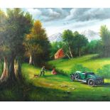 *David (J.). An oil on board depiction of a 14/40hp Vauxhall at rest in a pastoral scene, well-