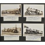 Trains. An album containing 94 original black and white photographs of mostly US steam locomotives