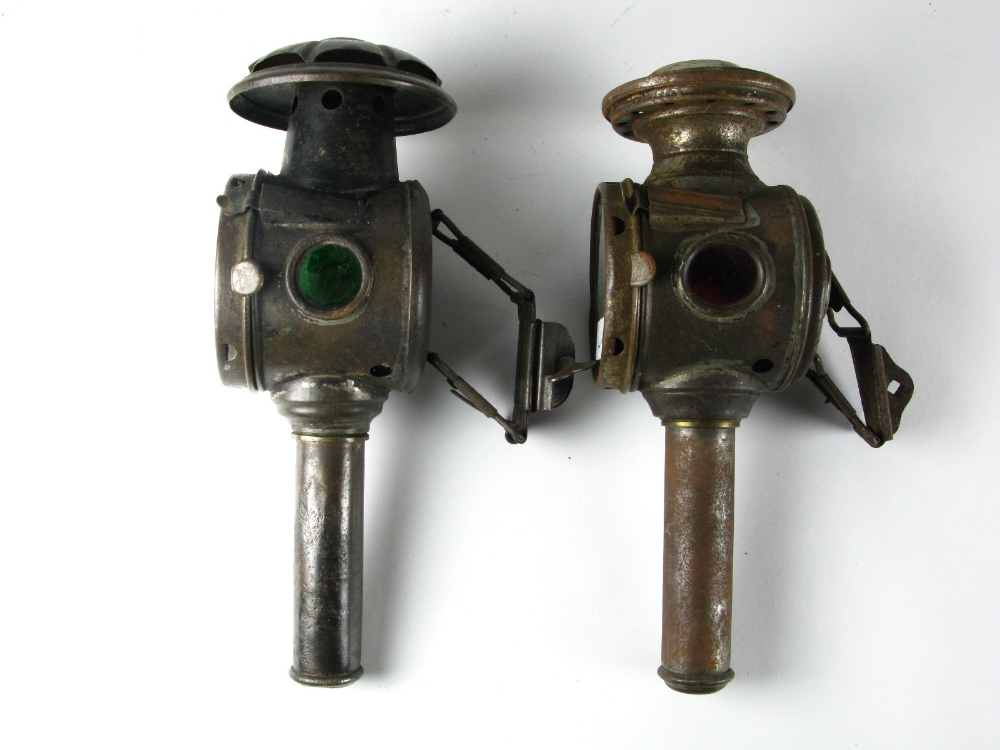 *Two candle-powered bicycle lamps, of French manufacture, with coloured side glasses and sprung rear