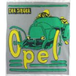 *Opel. An inspired depiction of a racing at speed, printed in green and yellow on a silken canvas,