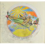 *WWII RAF. A watercolour by Pennigton depicting a couple flying a Spitfire over Great Britain,
