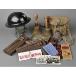 *Air Raid Precaution. A collection of related items including a Warden's tin helmet, two rattles and