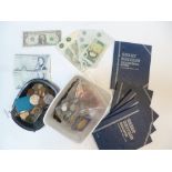 *Mixed Coins. Various coins and banknotes, including approximately 18 oz of pre-1947 silver coins (