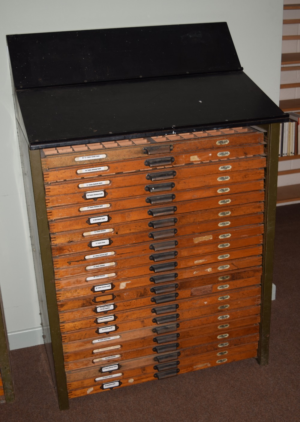 *Type Cabinet. A large 22 drawer type cabinet by F.W. Woodroff & Co. Ltd., with compositor's slope