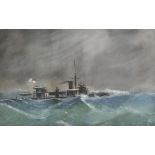 *De Simone (Antonio, 1851-1907). British destroyer in heavy sea, 1891, watercolour heightened with