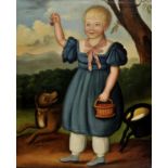 *English Naive School. Boy with a basket of cherries and a dog at his heel, circa 1800, large oil on