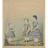 *English school. Three children playing, mid 19th century, watercolour study of three children