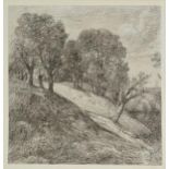*Attributed to George Frost (1754-1821). Wooded Hillside with Sheep Grazing, black chalk on paper,