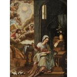 *English School. The Virgin Mary sewing, early to mid 18th century, oil on panel, 370 x 275mm (14.