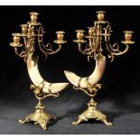 *Candleabra. An elaborate pair of Edwardian boar tusk three-branch candelabra, each with gilt