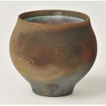 *Andrews (Tim, ). Raku vase, round raku fired footed vase with crackle-glazed interior, applied