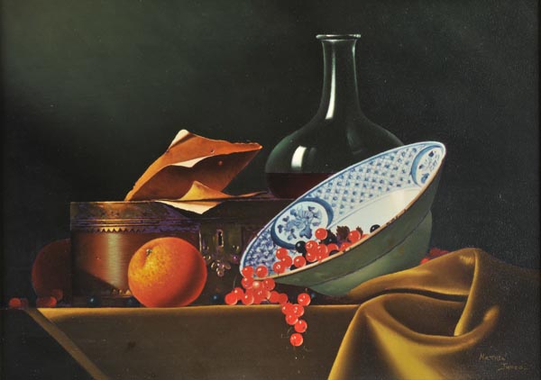 *James (Matthew). Still life with wine decanter, later 20th century oil on panel in the Dutch trompe