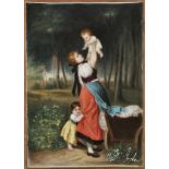 *Porcelain plaque. A young mother and her children in a landscape, mid 19th century, painted