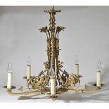 *Chandelier. A Victorian gothic revival five branch chandelier, cast with a fleur-de-lis and