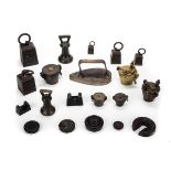 *Weights. A collection of weights including five sets of brass cup weights, to include 224 pounds