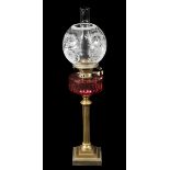 *Oil lamp. A Victorian oil lamp, with globular acid etched shade and chimney on a brass columnar